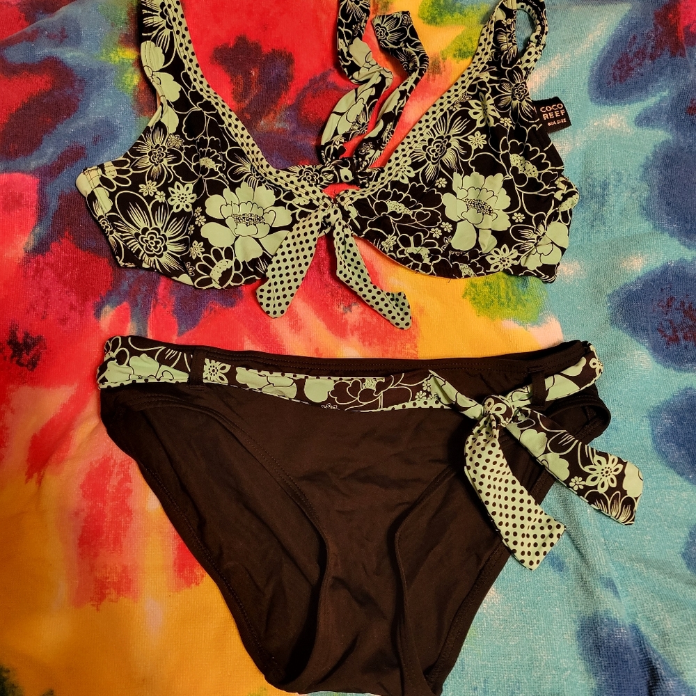 Coco Reef bikini set- Aqua Blue and Black Top 34-38 c/d Bottom Small